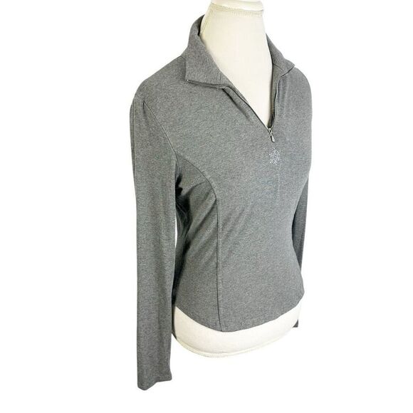 Snoskins Gray 1/4 Zip pullover Beaded Snowflake Crop Length Ski Cabin Size S - Picture 4 of 9